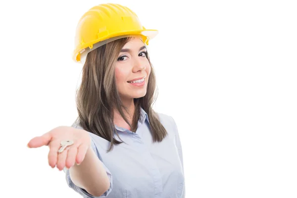 Portret van vrouwelijke constructor overhandigen deur ke — Stockfoto