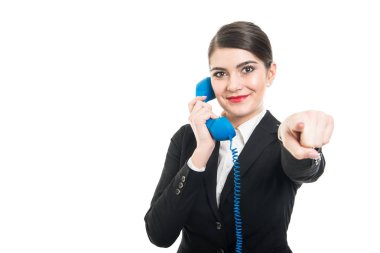 Güzel hostes büyük mavi alıcı işaret camer söz