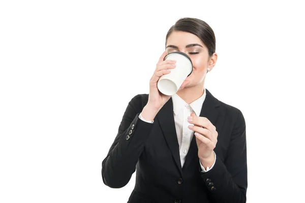 Portrait of beautiful stewardess drinking takeaway coffee — Stock Photo, Image