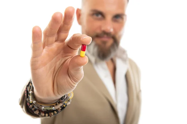 Selective Focus Man Wearing Smart Casual Holding Pill Isolated White — Stock Photo, Image