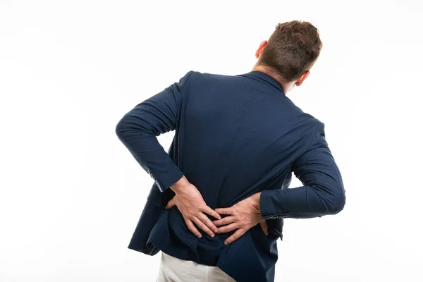 Back View Man Wearing Smart Casual Clothes Gesturing Pain Isolated — Stock Photo, Image