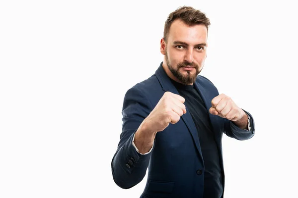 Business Man Wearing Smart Casual Clothes Showing Fists Fighting Isolated — Stock Photo, Image