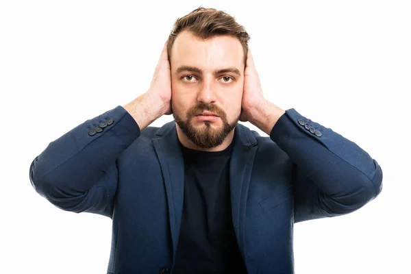 Hombre Negocios Con Ropa Casual Inteligente Cubriendo Oídos Como Gesto — Foto de Stock