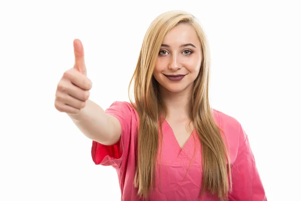 Portrait Cute Young Female Nurse Wearing Scrubs Showing Gesture Isolated — Stock Photo, Image