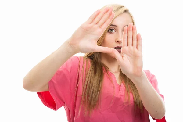 Portrait Young Female Nurse Wearing Scrubs Showing Stop Gesture Isolated — Stock Photo, Image