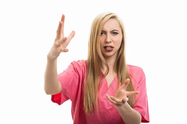 Portrait Female Nurse Wearing Scrubs Explaining Gesturing Isolated White Background — Stock Photo, Image
