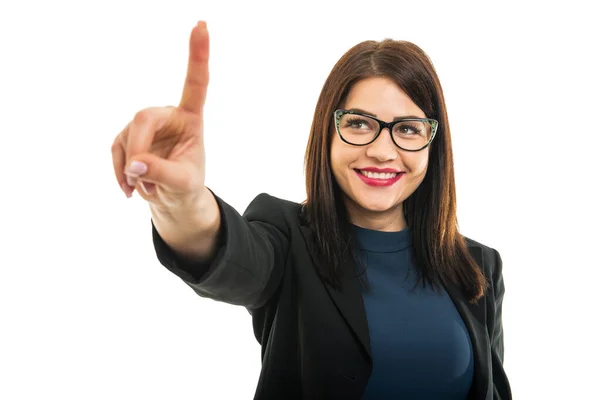 Portrait Young Business Girl Wearing Glasses Using Touchscreen Isolated White — Stock Photo, Image