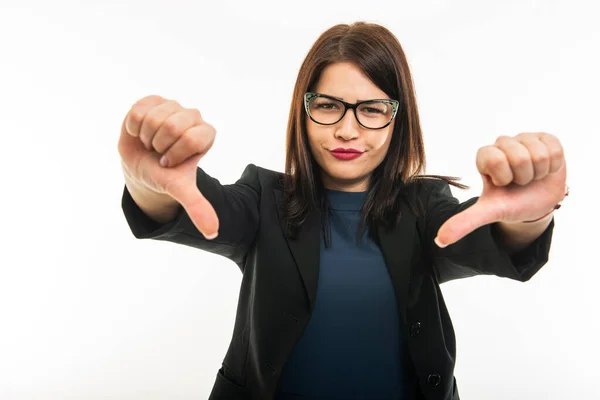 Retrato Una Joven Chica Negocios Con Gafas Que Muestran Gesto —  Fotos de Stock