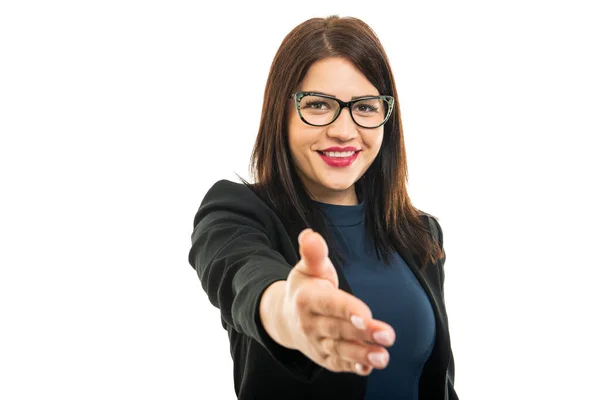 Portrait Young Business Girl Wearing Glasses Offering Hand Shake Isolated — Stock Photo, Image