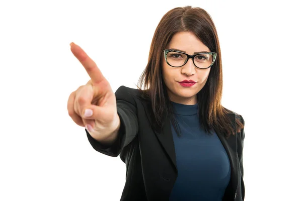 Retrato Una Joven Chica Negocios Con Gafas Que Muestran Gesto — Foto de Stock