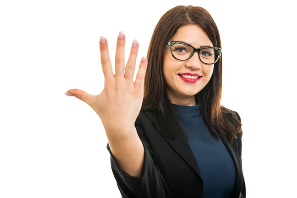 Portret Van Jong Zakenmeisje Met Bril Nummer Vijf Geïsoleerd Witte — Stockfoto