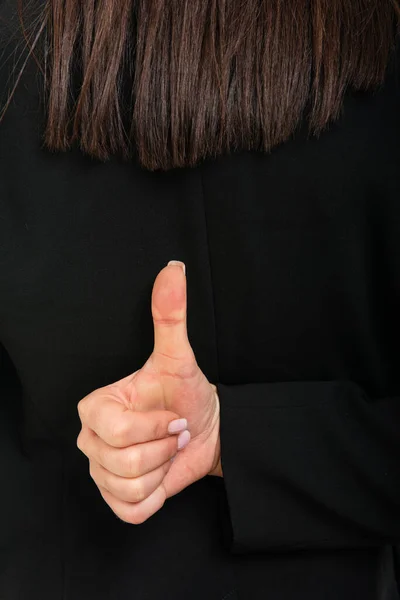 Achteraanzicht Van Zakenmeisje Dragen Bril Tonen Als Gebaar Geïsoleerd Witte — Stockfoto