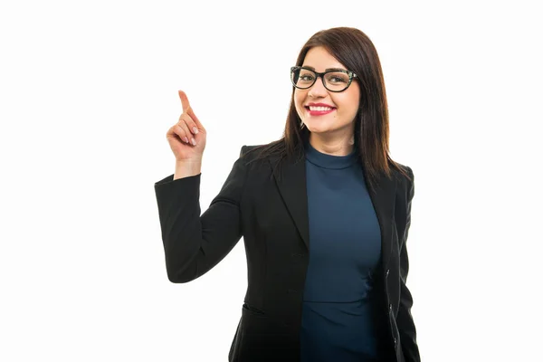 Portrait Business Girl Wearing Glasses Making Idea Gesture Isolated White — Stock Photo, Image