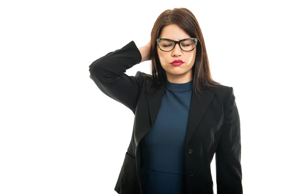 Portret Van Jong Zakenmeisje Dragen Maken Van Hoofdpijn Gebaar Geïsoleerd — Stockfoto