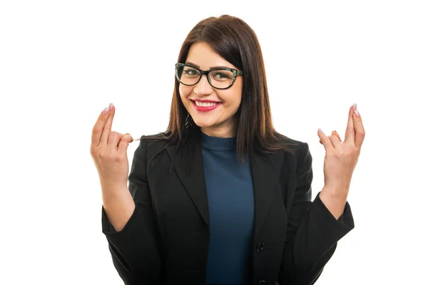 Portret Van Zakenmeisje Dragen Bril Tonen Dubbele Vingers Gekruist Geïsoleerd — Stockfoto