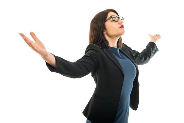 Retrato Menina Negócios Vestindo Fazendo Gesto Vencedor Isolado Fundo Branco — Fotografia de Stock