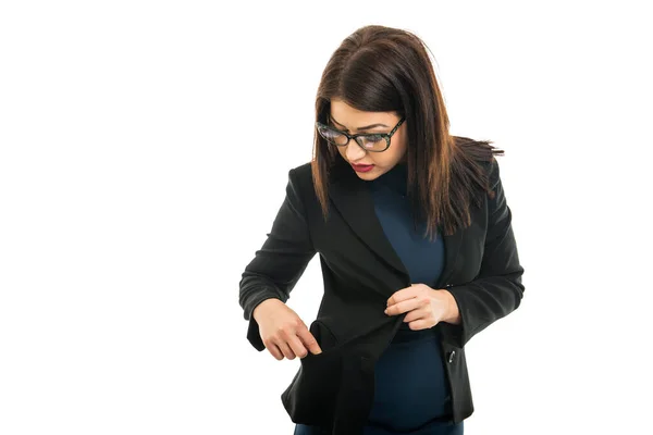 Ritratto Business Girl Con Occhiali Vista Tasche Vuote Isolate Sfondo — Foto Stock