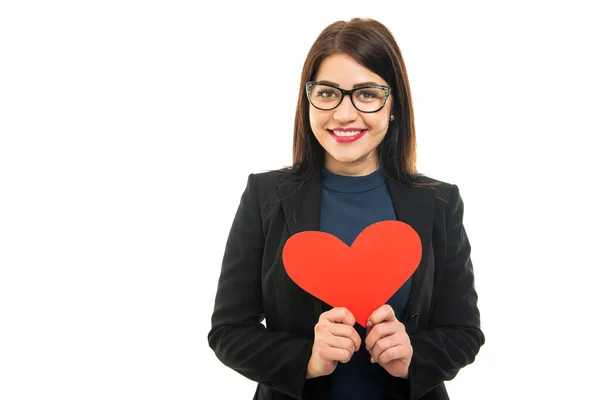Portrait Business Girl Wearing Glasses Holding Red Heart Isolated White — Stock Photo, Image