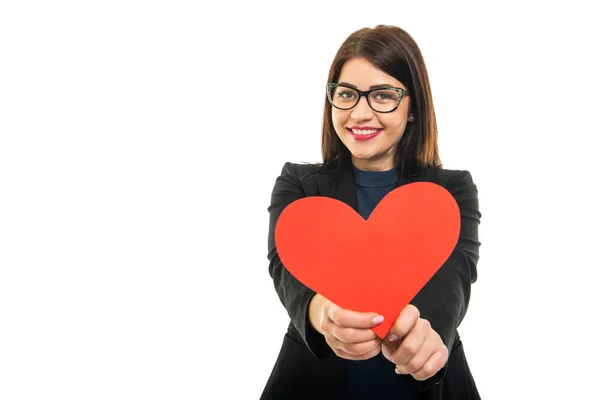 Portrait Business Girl Wearing Glasses Showing Red Heart Isolated White — Stock Photo, Image