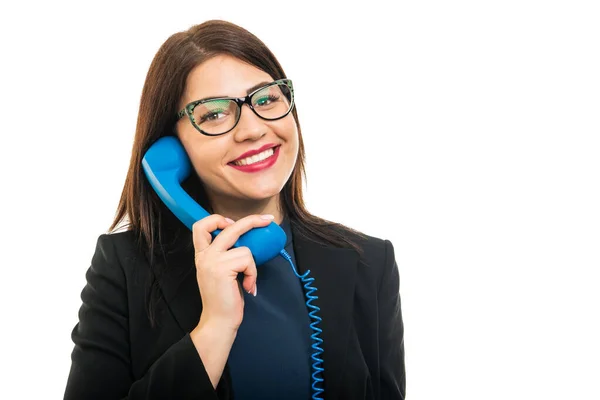 Portret Van Jong Zakenmeisje Praten Aan Telefoon Geïsoleerd Witte Achtergrond — Stockfoto