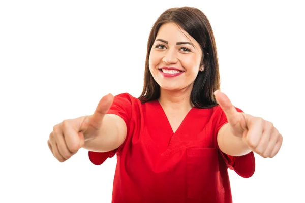 Portrait Beautiful Doctor Wearing Scrubs Using Showing Double Gesture Isolated — Stock Photo, Image