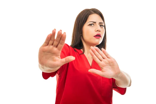 Portrait Beautiful Doctor Wearing Scrubs Making Stop Gesture Isolated White — Stock Photo, Image