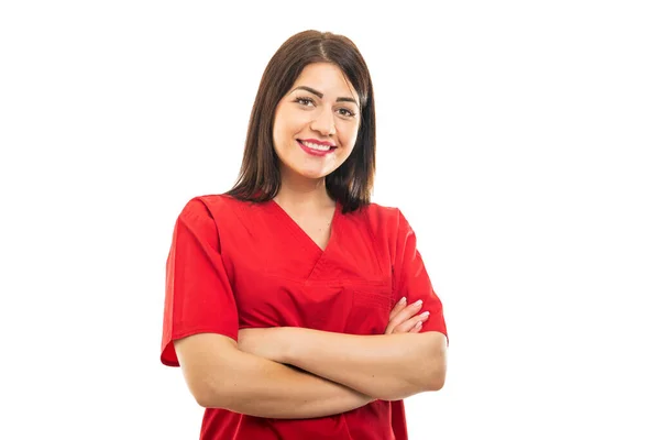 Retrato Hermoso Médico Con Matorrales Pie Con Los Brazos Cruzados —  Fotos de Stock