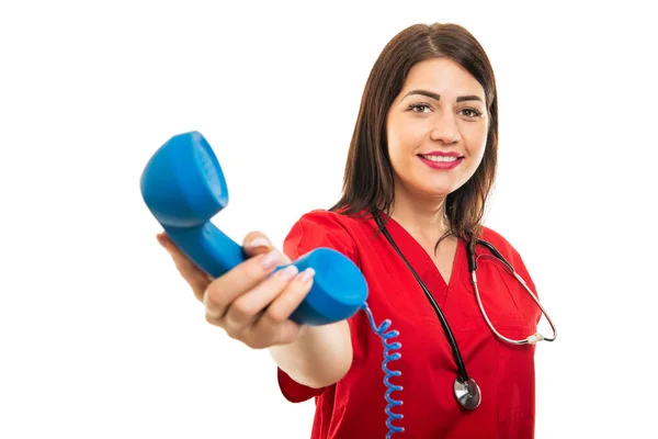 Portrait Doctor Wearing Scrubs Handing Telephone Receiver — Stock Photo, Image