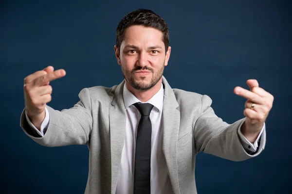 Retrato Negocios Joven Guapo Macho Mostrando Doble Gesto Obsceno Sobre — Foto de Stock