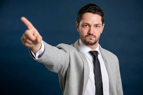 Portrait Business Young Handsome Male Showing Denial Gesture Blue Background — Stock Photo, Image