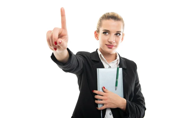 Young Female Assistant Manager Holding Agenda Using Touchscreen Isolated White — Stock Photo, Image