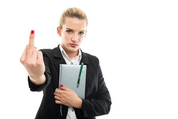 Young Female Assistant Manager Holding Agenda Showing Middle Finger Isolated — Stock Photo, Image