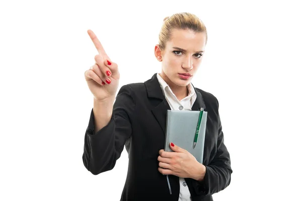 Young Female Assistant Manager Holding Agenda Showing Denial Gesture Isolated — Stock Photo, Image