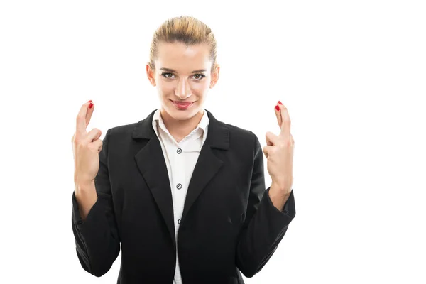 Young Female Assistant Manager Holding Fingers Crossed Isolated White Background — Stock Photo, Image