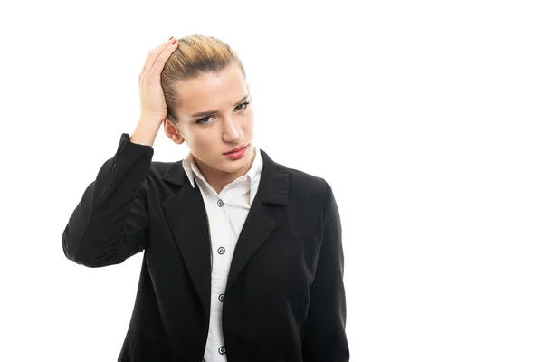 Young Female Assistant Manager Holding Head Hurting Isolated White Background — Stock Photo, Image