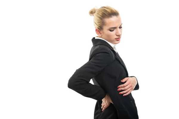 Young Female Assistant Manager Holding Lower Back Hurting Isolated White — Stock Photo, Image