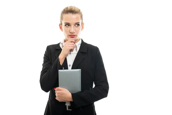 Young Female Assistant Manager Holding Agenda Making Thinking Gesture Isolated — Stock Photo, Image