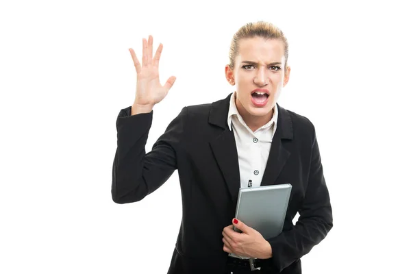 Retrato Bela Jovem Assistente Gerente Gritando Isolado Fundo Branco Com — Fotografia de Stock