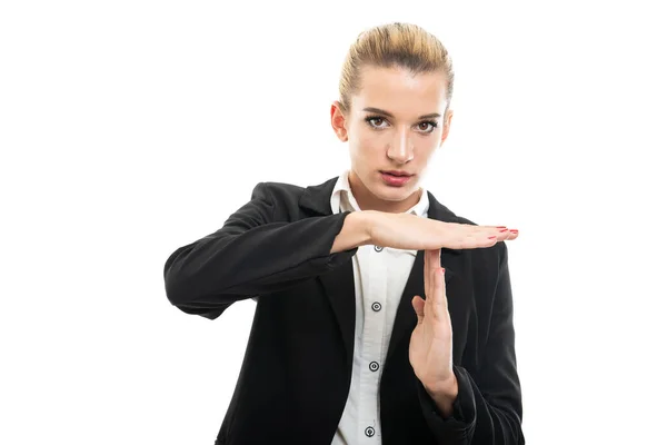 Jonge Vrouwelijke Assistent Manager Maken Time Out Gebaar Geïsoleerd Witte — Stockfoto