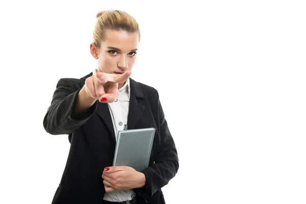 Female Assistant Manager Holding Agenda Making Watching You Gesture Isolated — Stock Photo, Image