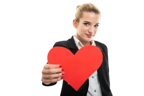 Portrait Beautiful Young Female Assistant Manager Handing Red Heart Isolated — Stock Photo, Image