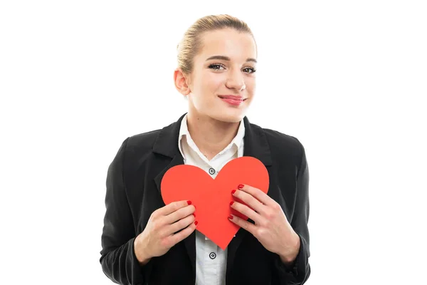 Retrato Hermosa Joven Asistente Gerente Sosteniendo Corazón Rojo Aislado Sobre —  Fotos de Stock