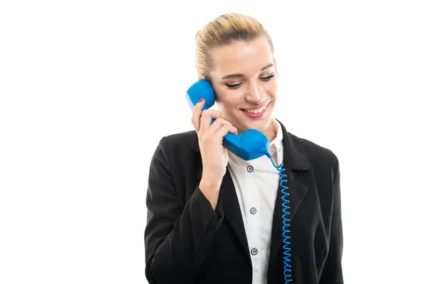 Young Female Assistant Manager Holding Blue Telephone Receiver Isolated White — Stock Photo, Image