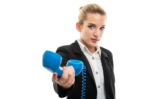 Young Female Assistant Manager Handing Blue Telephone Receiver Isolated White — Stock Photo, Image