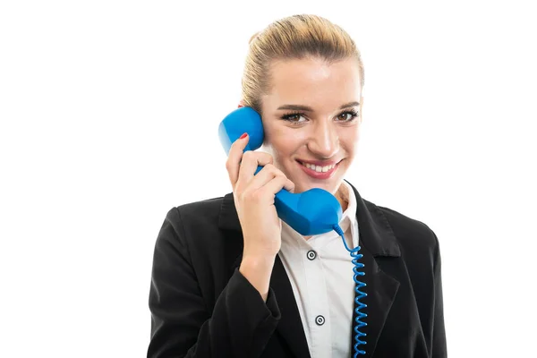 Young Female Assistant Manager Holding Blue Telephone Receiver Isolated White — Stock Photo, Image