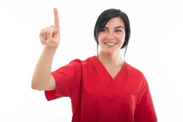 Retrato Una Joven Enfermera Atractiva Usando Pantalla Táctil Aislada Sobre —  Fotos de Stock