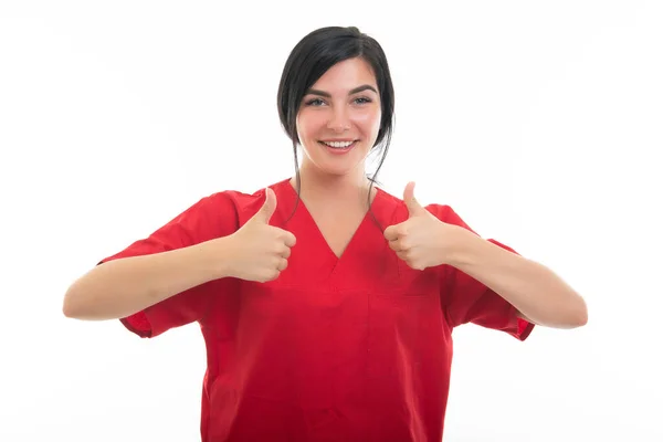 Portrait Young Attractive Female Nurse Showing Double Gesture Isolated White — Stock Photo, Image