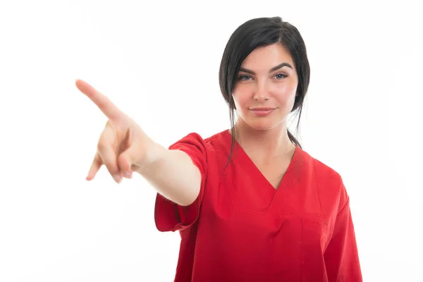 Retrato Una Joven Enfermera Atractiva Haciendo Gesto Negación Aislado Sobre —  Fotos de Stock