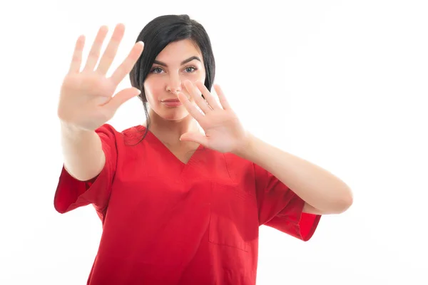 Portrait Young Attractive Female Nurse Making Defense Gesture Isolated White — Stock Photo, Image