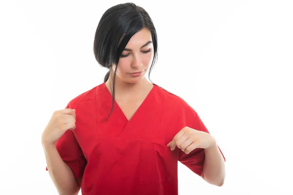 Portrait Young Attractive Female Nurse Checking Pocket Isolated White Background — Stock Photo, Image